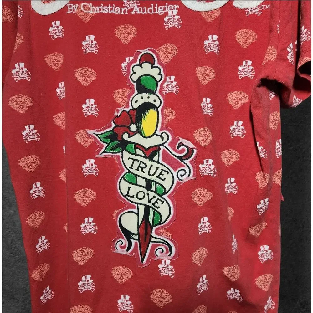 Ed Hardy Red Skull Heart Dagge Red T-Shirt Embroidered Christian Audigier Sz L